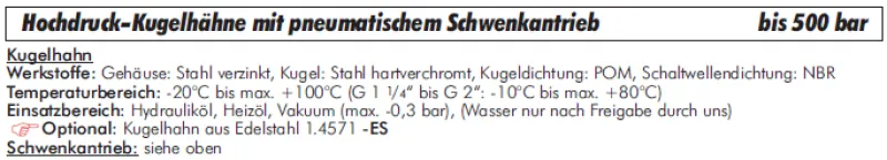Datenblatt 1 Hochdruck Kugelhahn Stahl verzinkt pneumatischer Schwenkantrieb bis 500 bar alle Größen